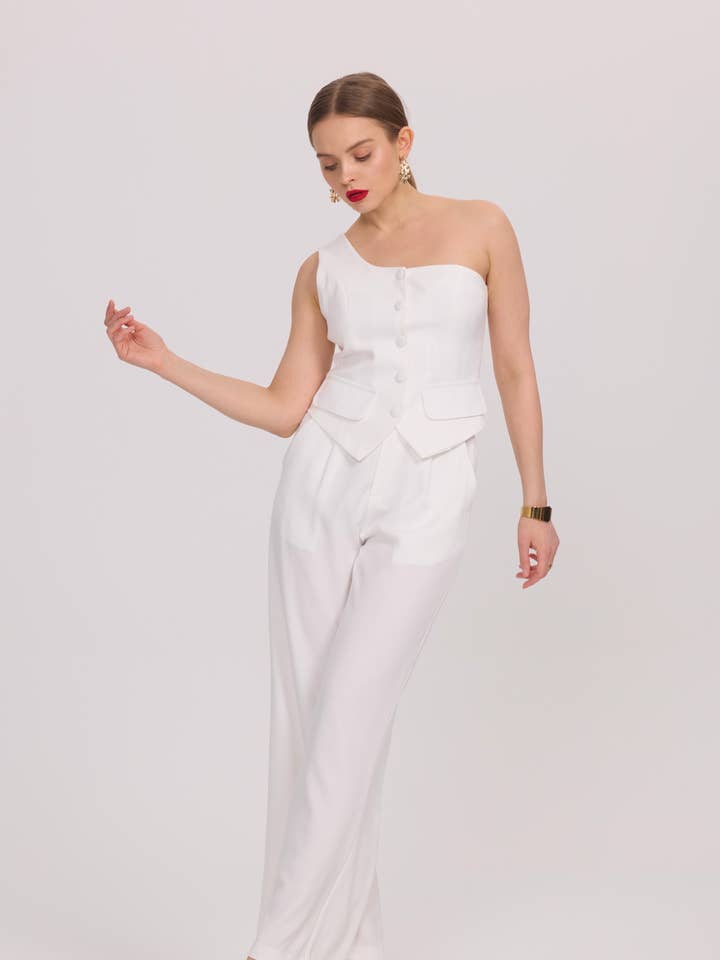 Sæt med bukser & asymmetrisk hvid top - U2598-2599 for engroshandel hos Frime