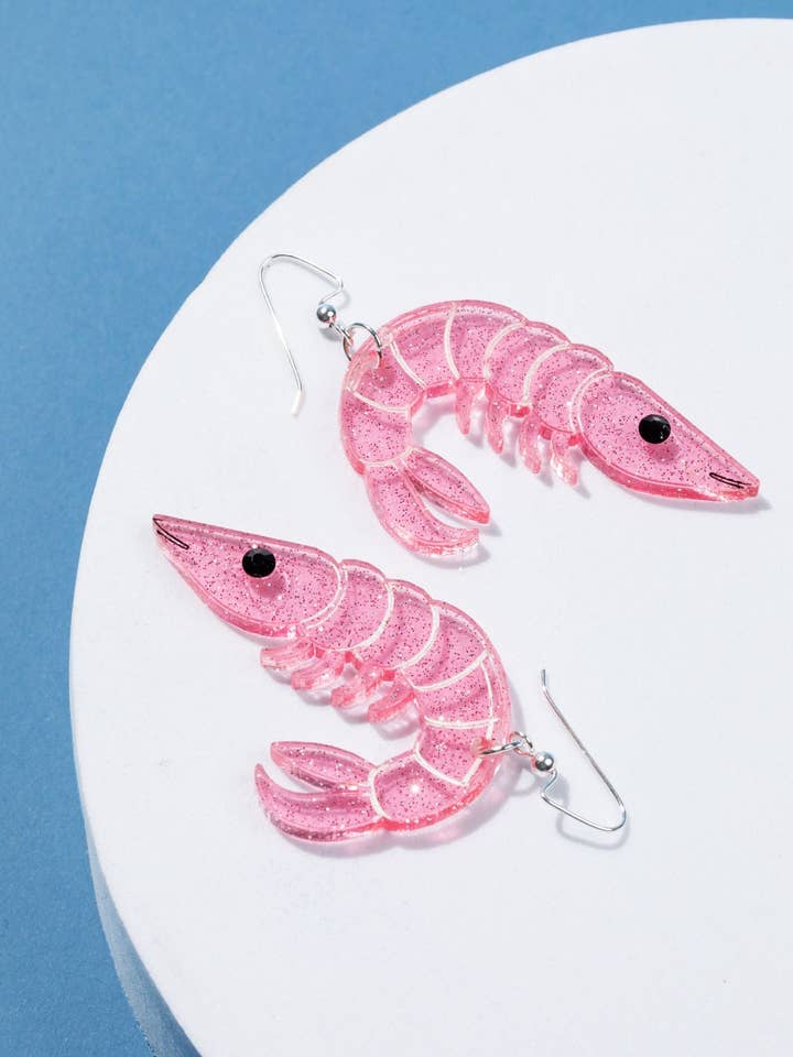 🦐 Pink Shrimp Earrings – Glitter Acrylic Statement Jewelry for wholesale by Luna B Jewelry