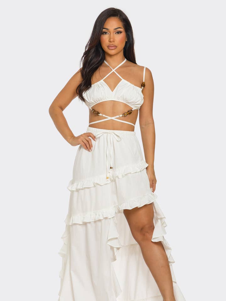 HCCTD13715& 2PC CORSET & IRREGULAR RUFFLED MAXI DRESS for wholesale by BANJUL