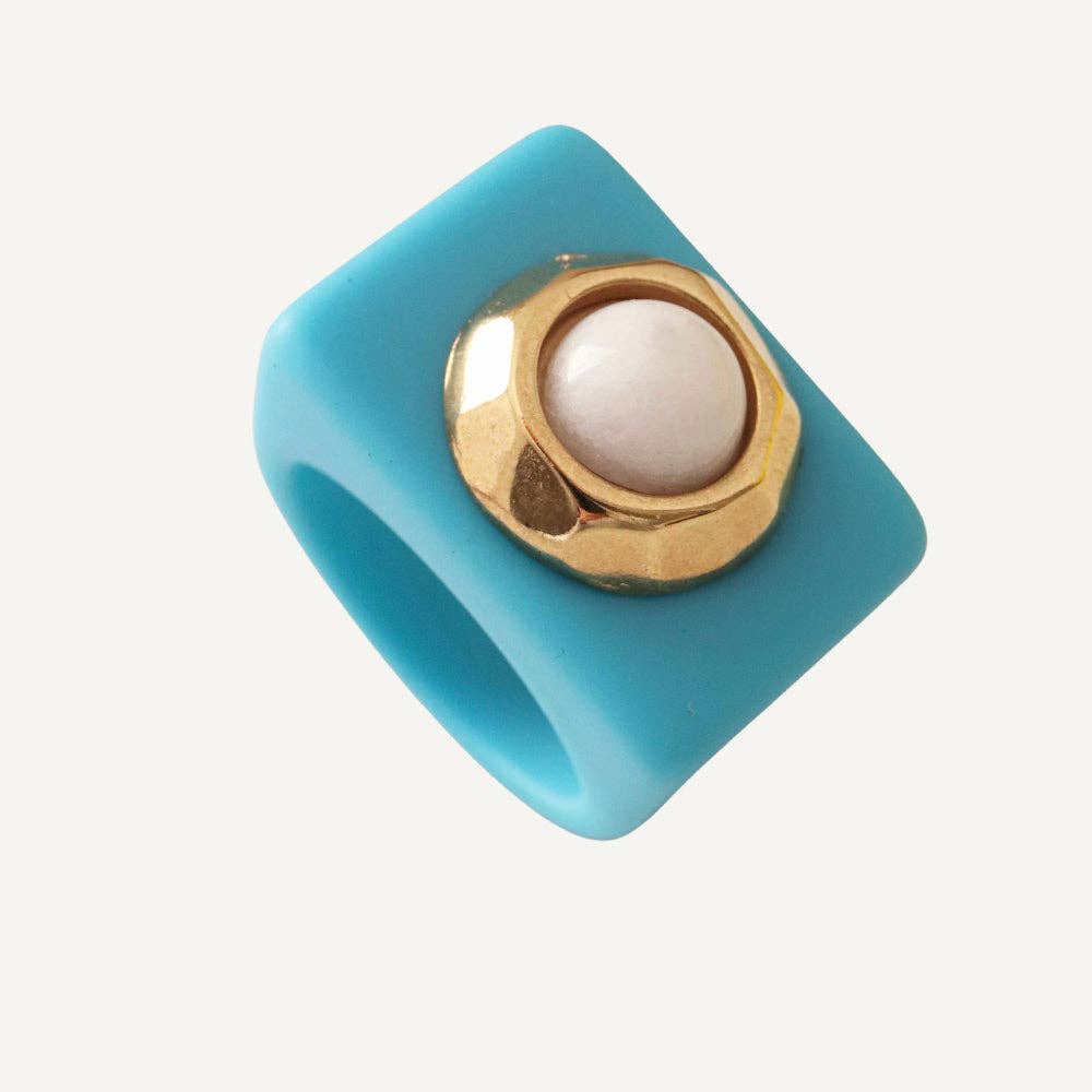 ÉMOLO - Wholesale Cocktail/Statement Ring - Women's blue rings with white porcelain SANTORINI