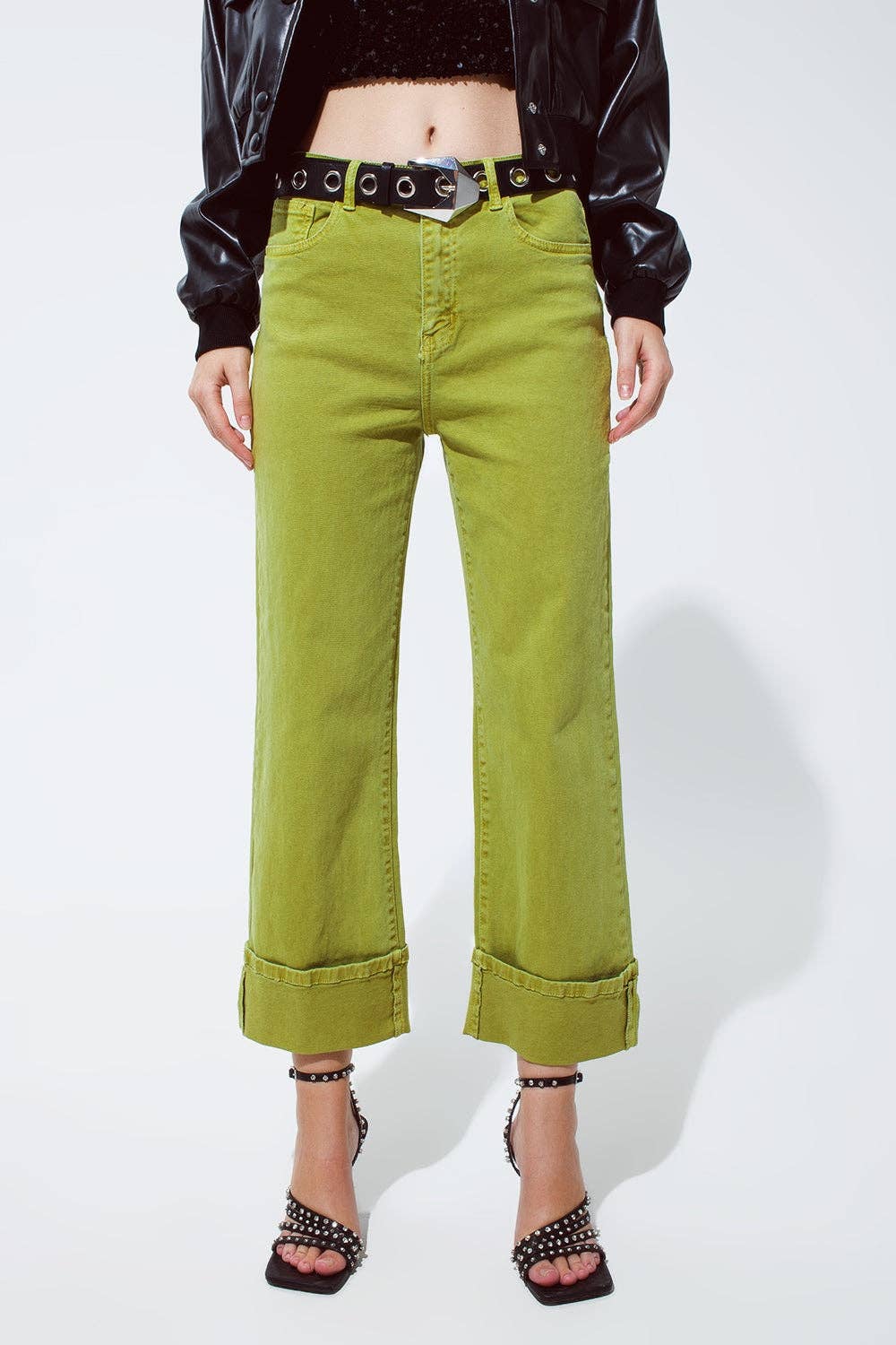 Vert Jean droit à ourlet court en denim stretch vert olive en vente sur Faire