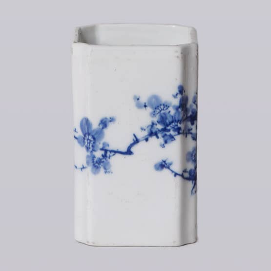 1920s Blue and White Porcelain Cherry Blossom Square Vase for wholesale by Cobalt Guild