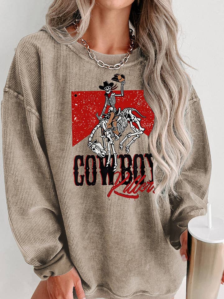 Lovesoft - Wholesale Graphic Sweatshirt - Women's - Cowboy Graphic Ribbed Knit Oversized Sweatshirt5