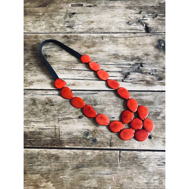 Multired Leather and Tagua Seed Pendant Necklace for wholesale by Ans Designs