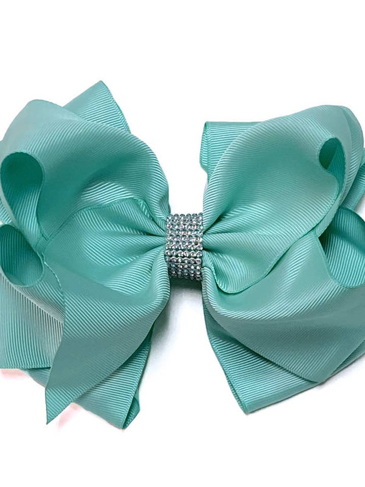 MISTY TURQUOISE RHINESTONE HAIR BOW. BW-317-S 5PCS/$10 for wholesale by Kids Charm Online
