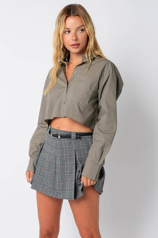 Olivaceous - Wholesale Button Down Shirt - Women's - Cropped Shirt0
