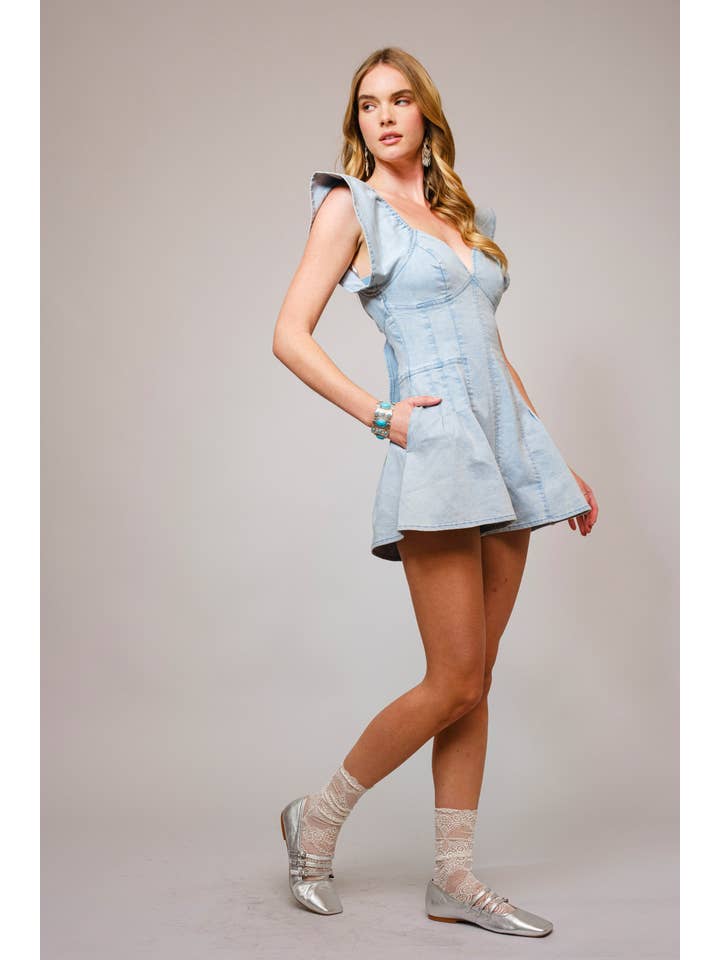 Blue B - Wholesale Romper - Women's - 52112R - Sweetheart Ruffle Sleeve Denim Romper5