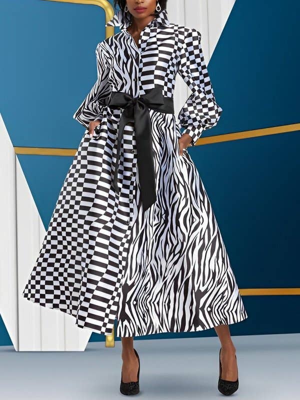 NERO BIANCO Abito lungo a quadri con bottoni e cintura annodata in vendita all'ingrosso su Faire0