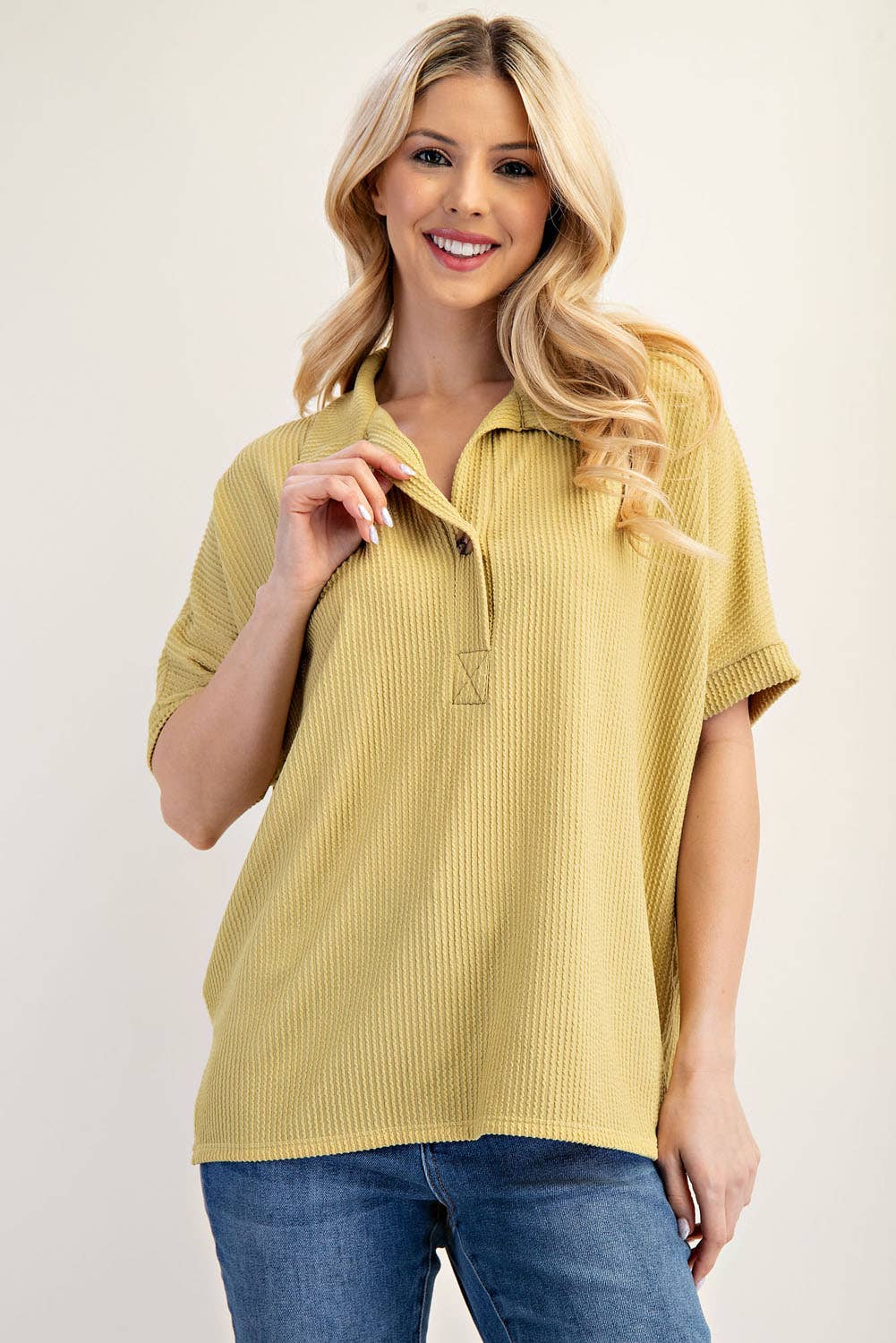 Celeste Clothing - Wholesale Knit Top - Women's - PLUS SIZE RIB KNIT COLLARED TOP WITH SHORT SLEEVES -CT2391330