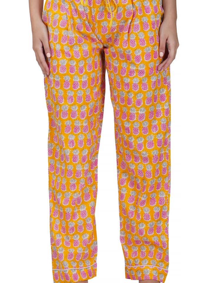 Purple Mohar - Wholesale Sleepwear Set - Women's - Tropical Bliss: 3-Piece Yellow Pink Pineapple Pajama Set
