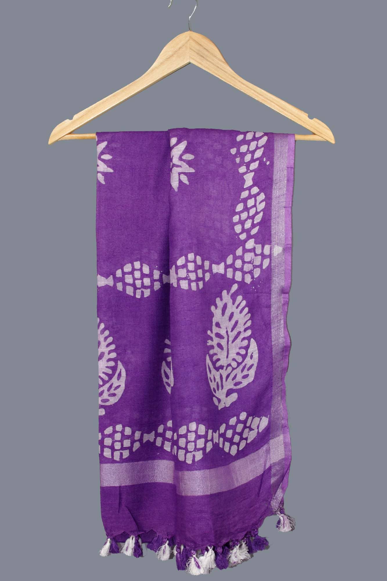 Kantha Decor – wholesale Scarf – Women's – Linen Scarf / Stole with Tussle  - Purple Batik Print0
