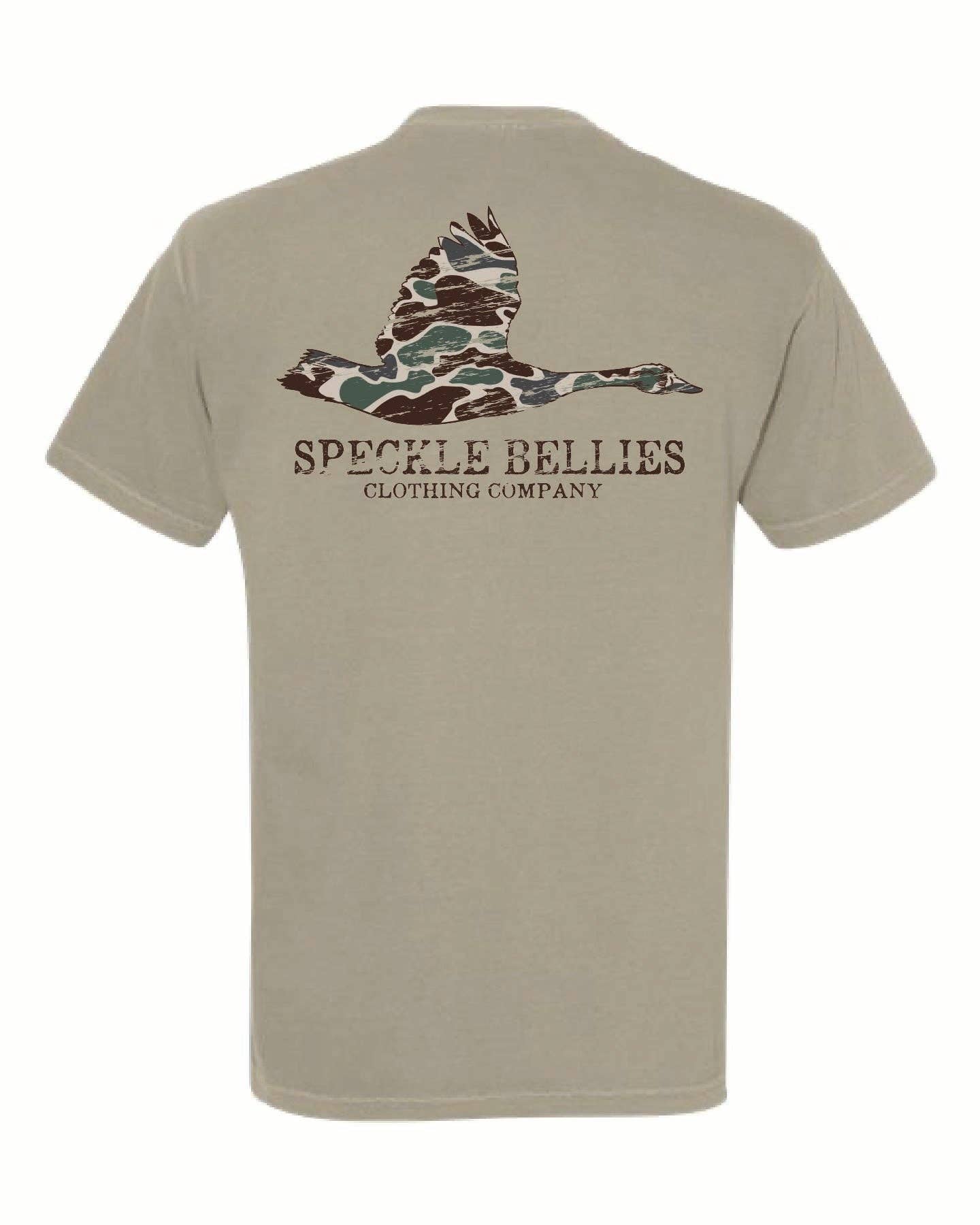 Speckle Bellies Clothing Company - Wholesale Screen Printed T-Shirt - Unisex - Camo Goose  Pocket Tee3