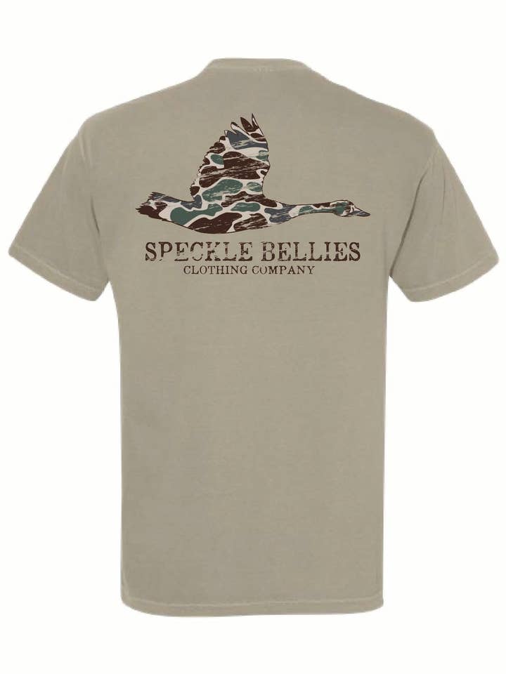 Speckle Bellies Clothing Company - Wholesale Screen Printed T-Shirt - Unisex - Camo Goose Pocket Tee3