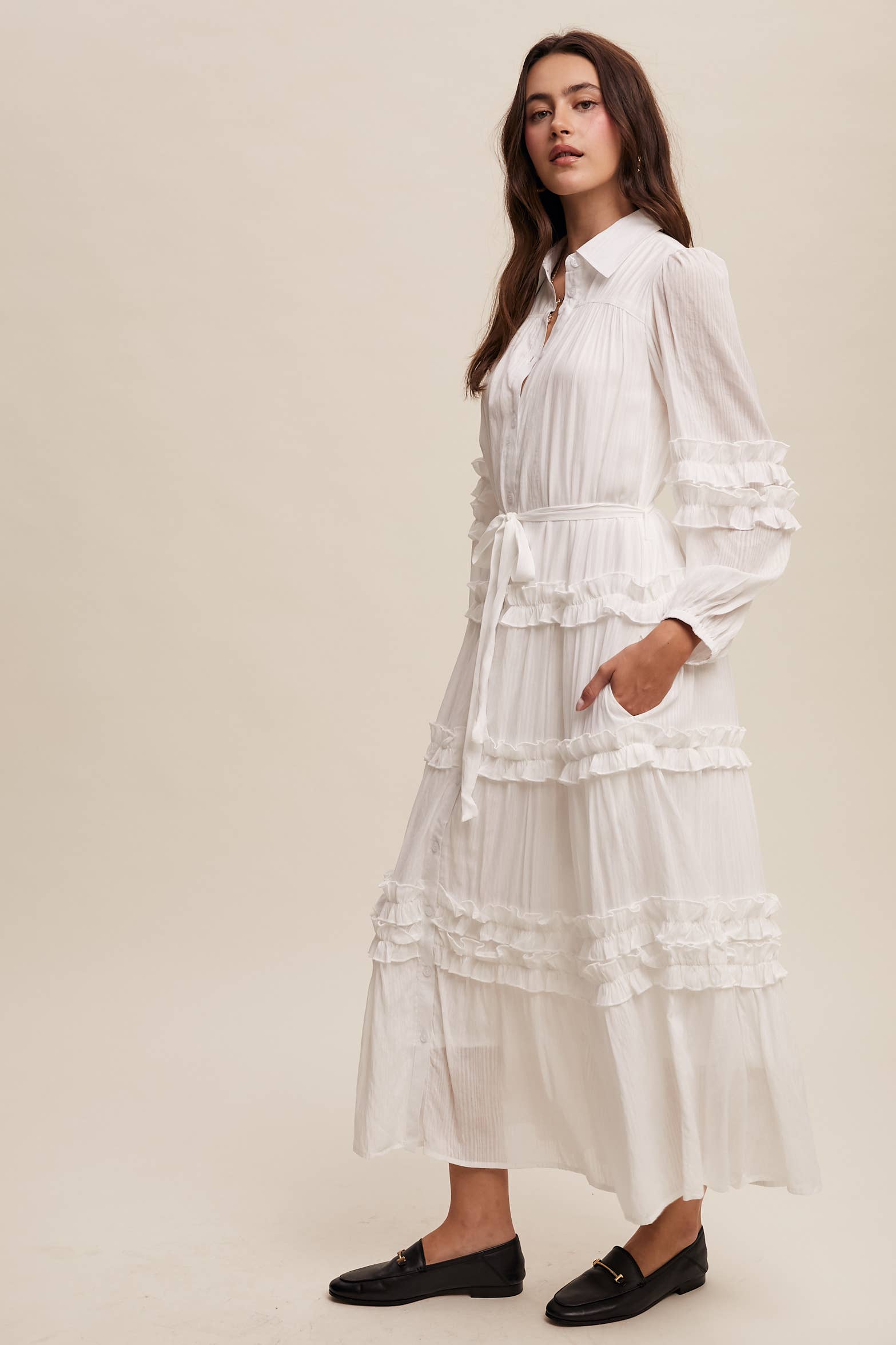 Listicle - Wholesale Dress - Women's - Ruffled Belted Maxi Shirt Dress LD14963