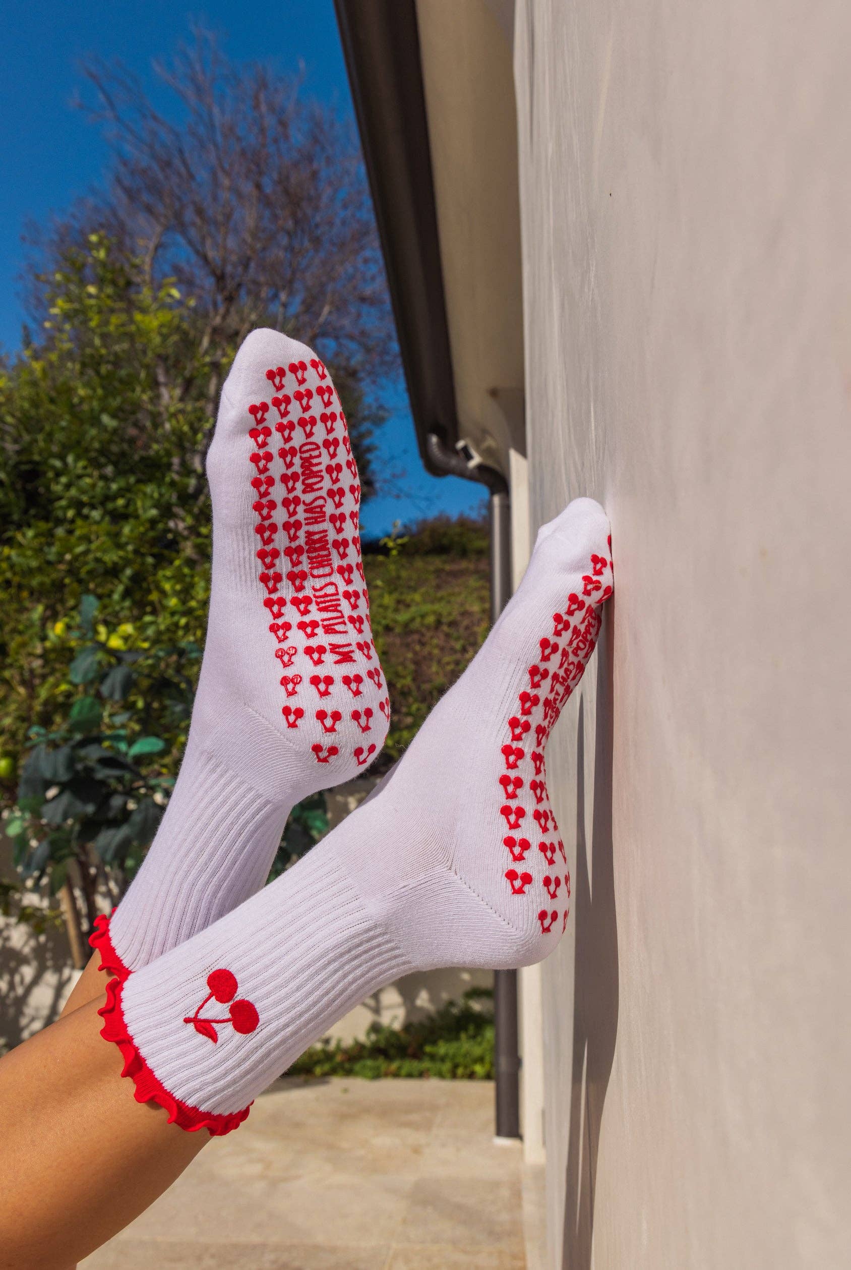 White Popped My Cherry Pilates Grip Socks for wholesale on Faire6