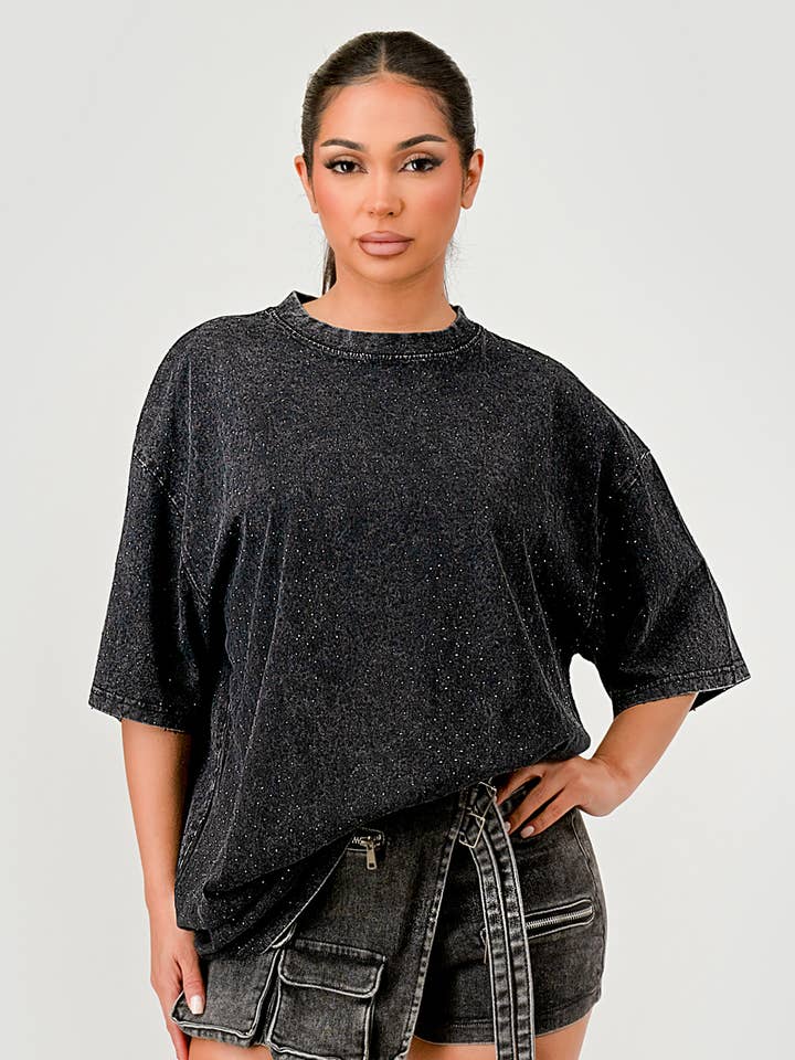 NT1115A Rhinestone Studded Oversized Tee for wholesale by NEWGENS