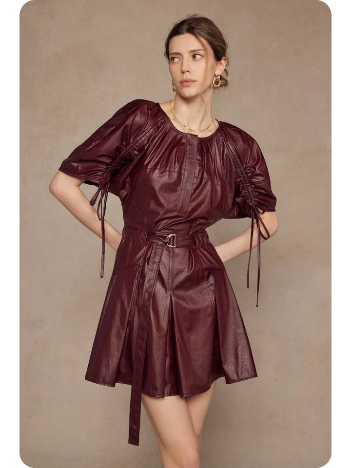 Burgundy Waist Belt Pleated Faux Leather Mini Dress for wholesale on Faire2