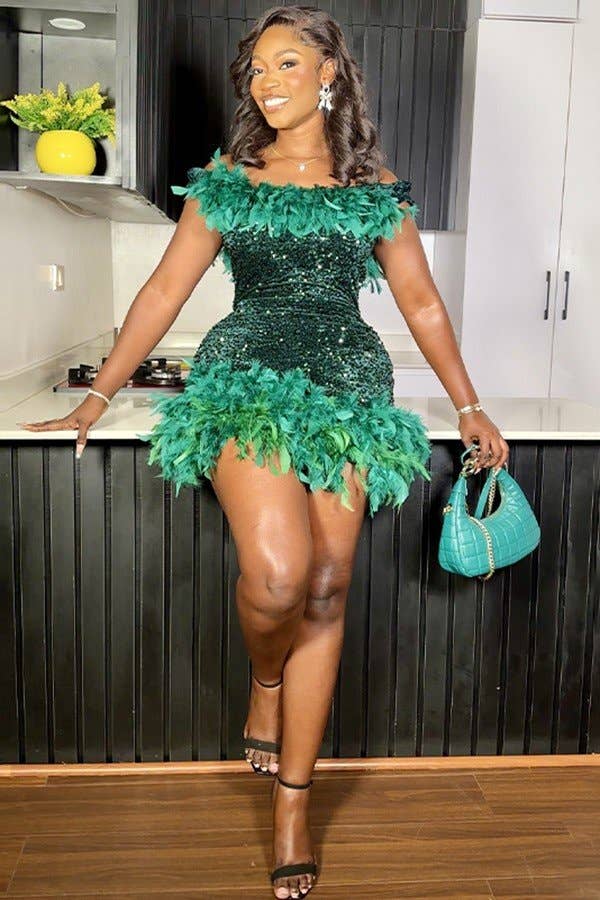 Aria Romance - Wholesale Dress - Women's - One-Shoulder Feather Trim Wrap Dress1