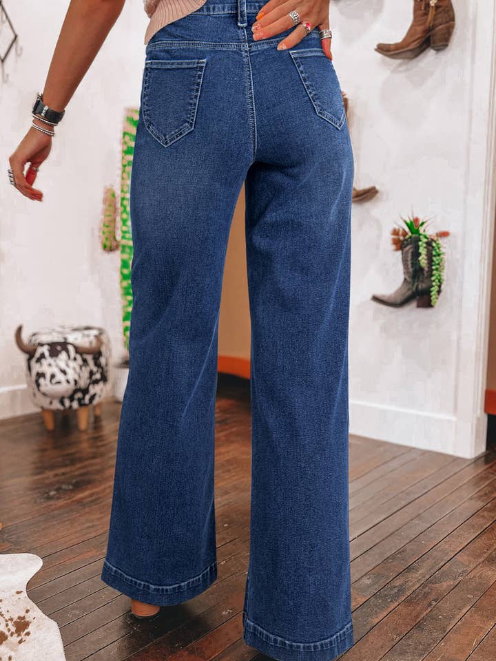 DarkBlue High-Rise Stylish Retro Straight-Leg Jeans for wholesale on Faire