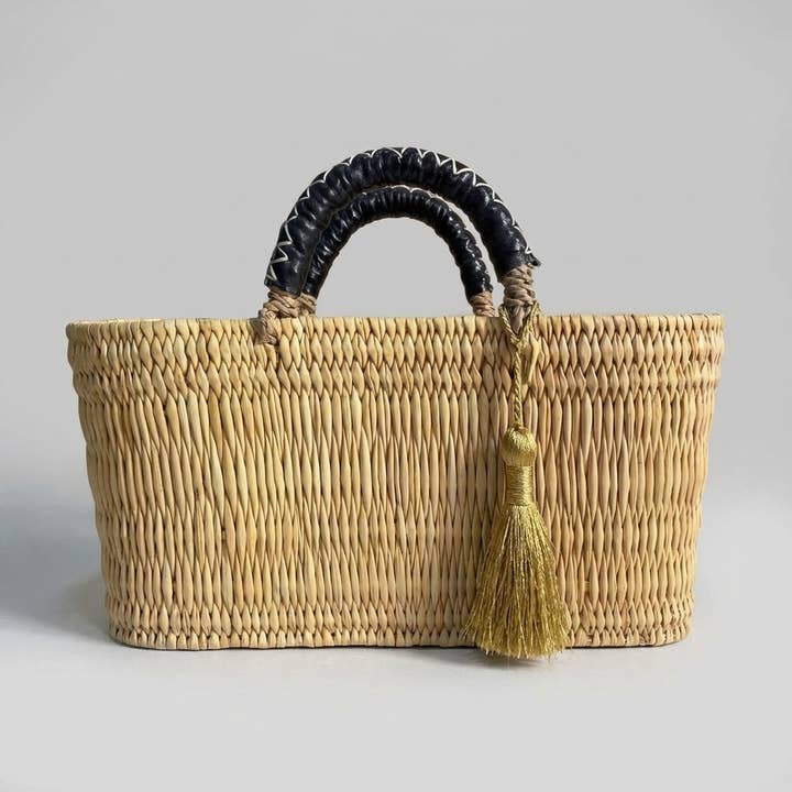 Melecraft – Engroshandel Kurv – Flettet kurvetaske i siv - Sort læder & guldkvast3