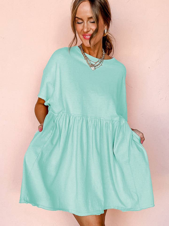 Moonlight Jade Solid Color Pocketed Raw Edge Babydoll Dress for wholesale on Faire6