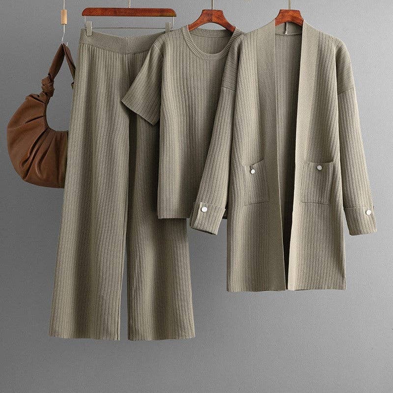 kycozy - Vendita all'ingrosso Completo top e pantaloni (NON loungewear) - Donna - Set Canotta a Maglia con Scollo a V e Pantaloni a Vita Alta a Gamba Larga0