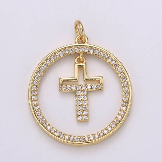 Ciondolo a forma di croce con micro pavé - 29x23mm, ciondolo pendente con zirconi cubici placcato in oro 14K, ciondolo a croce in oro, gioielli religiosi, E-158 per la vendita all'ingrosso da parte di Aim Eternal