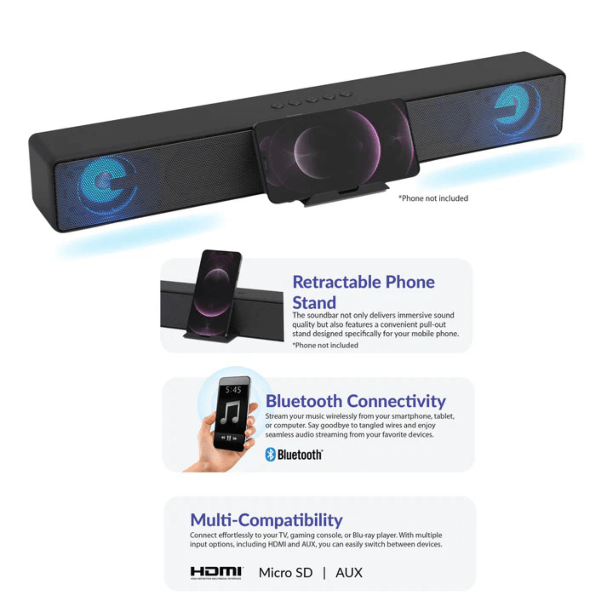 JupiterGear Home - Wholesale Speakers - Supersonic 17.6-Inch Portable 10W Bluetooth Soundbar5