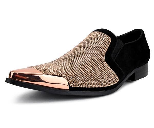 Style Corwin Amali Mens Metal Tip Loafer Slip-On Dress Velvet Shoe with A Dark Metal Silver Tip and Matching Sterling Metallic Horn Shaped Tassel Smoking Slipper