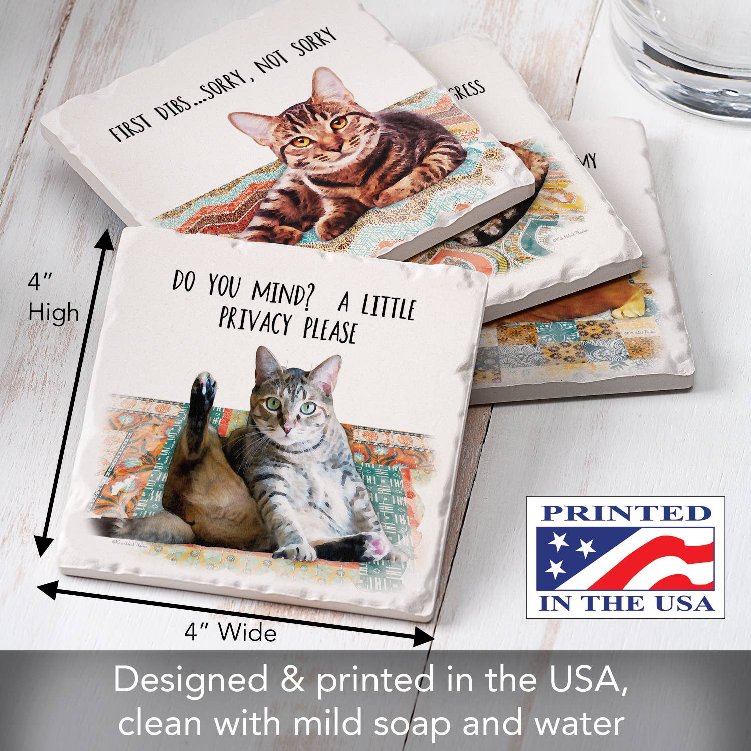 CounterArt/Highland Home/Thirstystone - Wholesale Coasters - Cat Nappy Assorted Image Tumbled Tile Coaster 4 Pack1