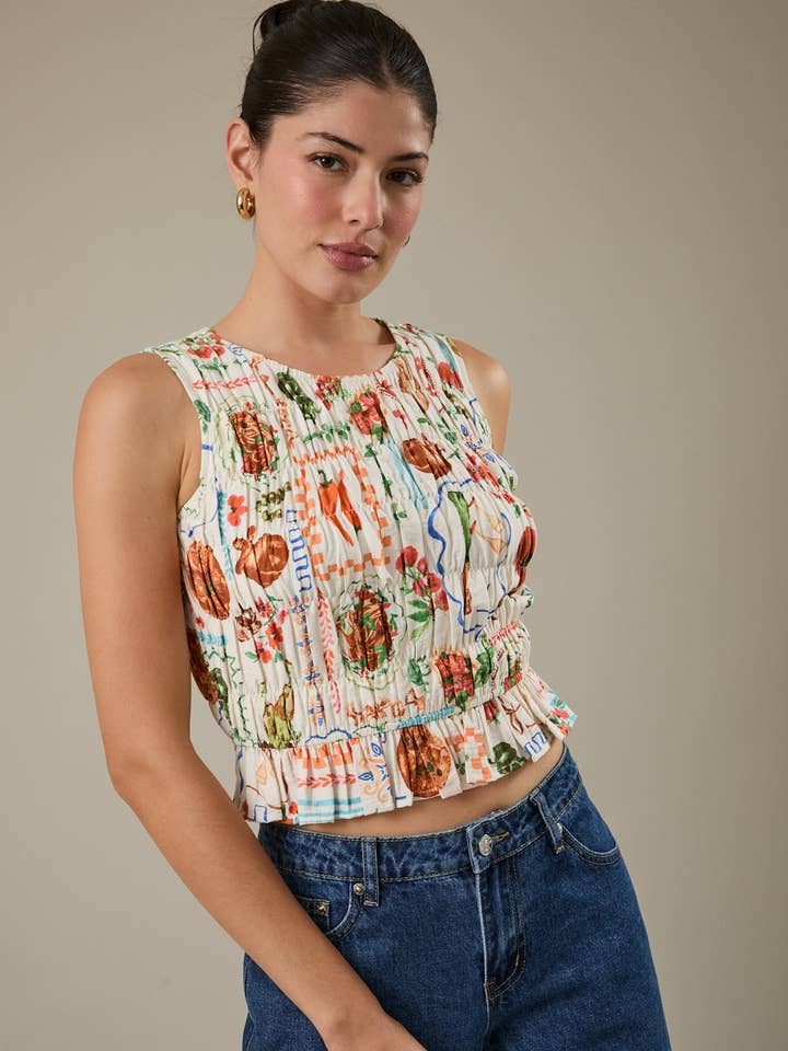 ROUND NECK SLEEVELESS SMOCKED TOP for wholesale by Sunday Edition