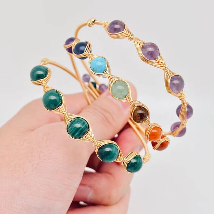 Mio Queena - Wholesale Cuff Bracelet - Hand-braided Copper Wire Wound Natural Stone Cuff Bangle -CS