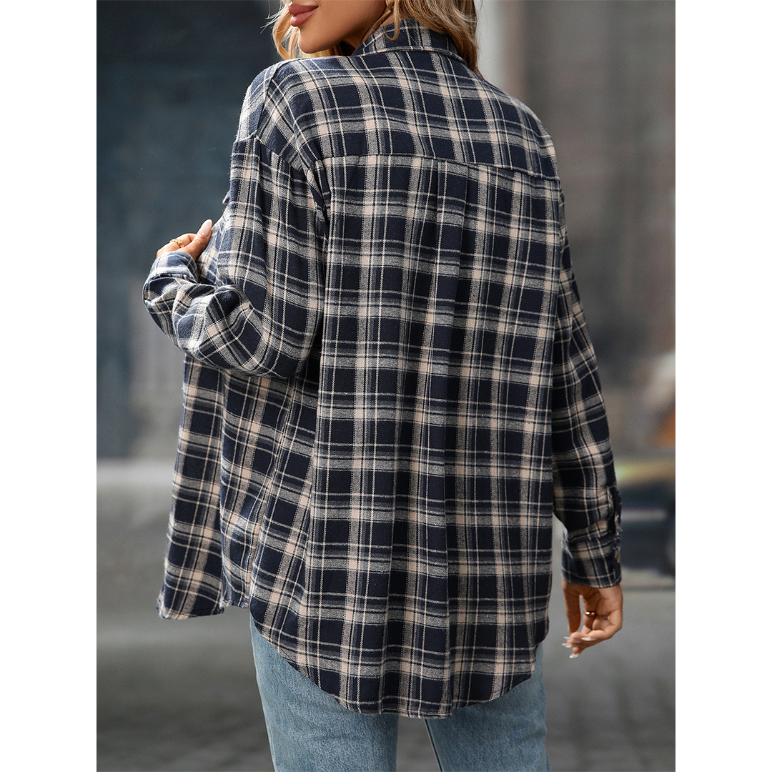 UNISHE - Wholesale Shirt - Women's - Casual Loose Fit Plaid Pockets Button-Down Shirt MD21327