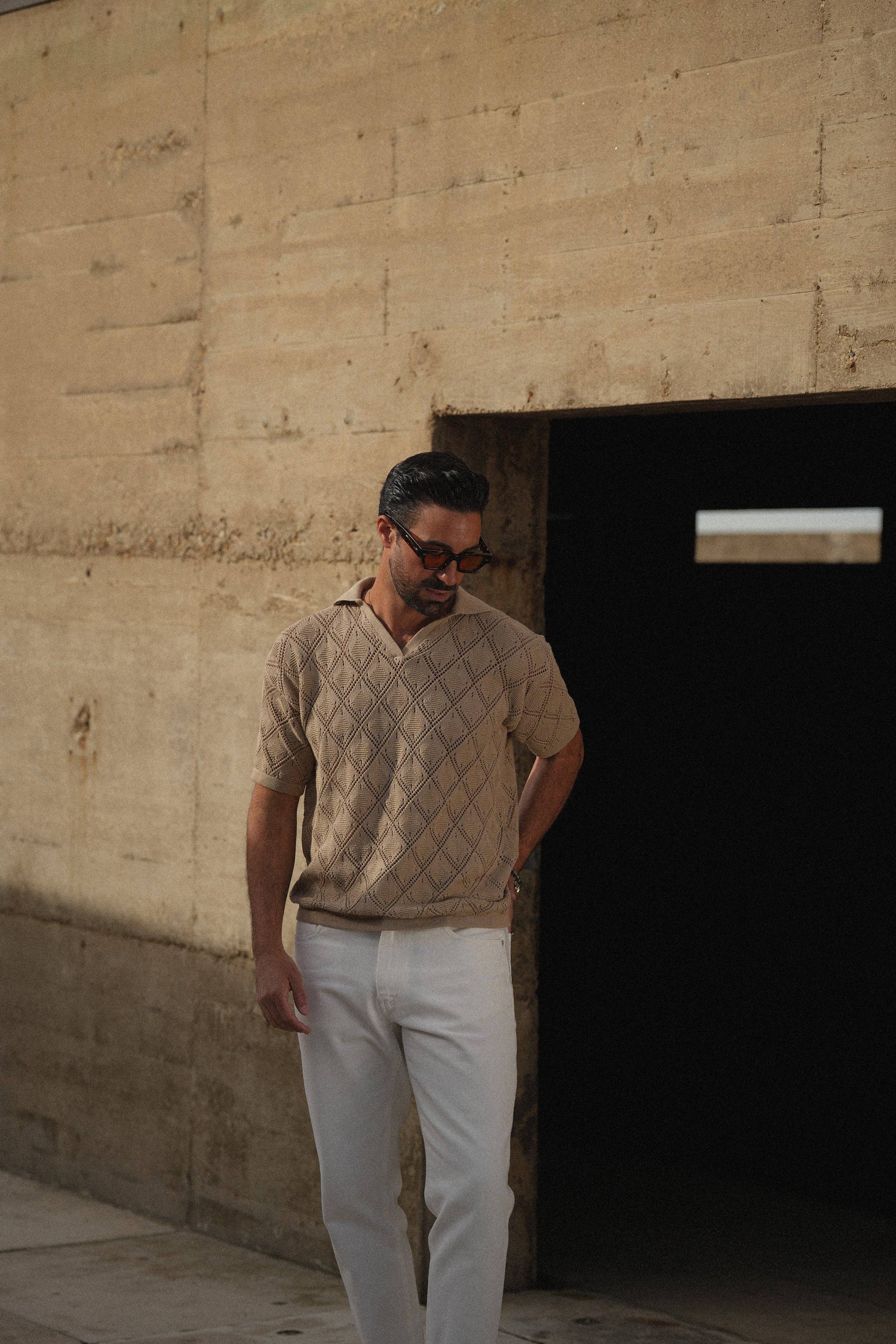 DONATO - Wholesale Polo - Men's - POLO GEOMETRIC DESIGN OPEN-COLLAR TAUPE SHIRT7