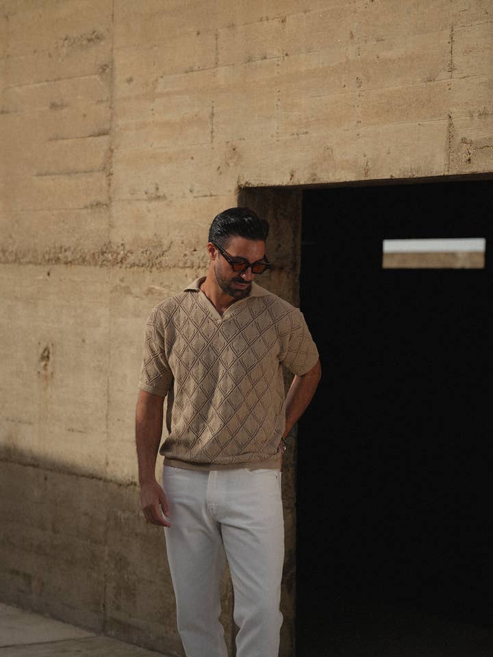 DONATO - Vendita all'ingrosso Polo - Uomo - CAMICIA POLO A COLLO APERTO CON DESIGN GEOMETRICO COLOR TORTORA7