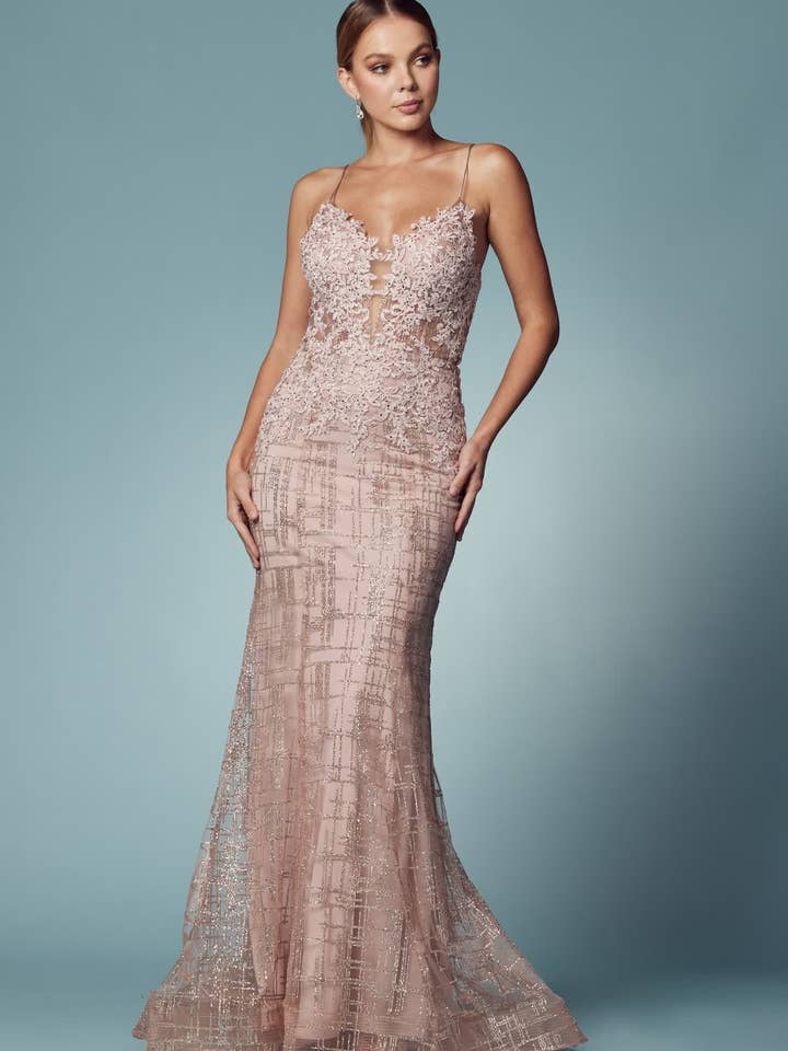 SMC Fashion - Wholesale Gown - Women's - Glitter Deep V-Neck Bodice Trumpet Long Prom Dress NXR282-17