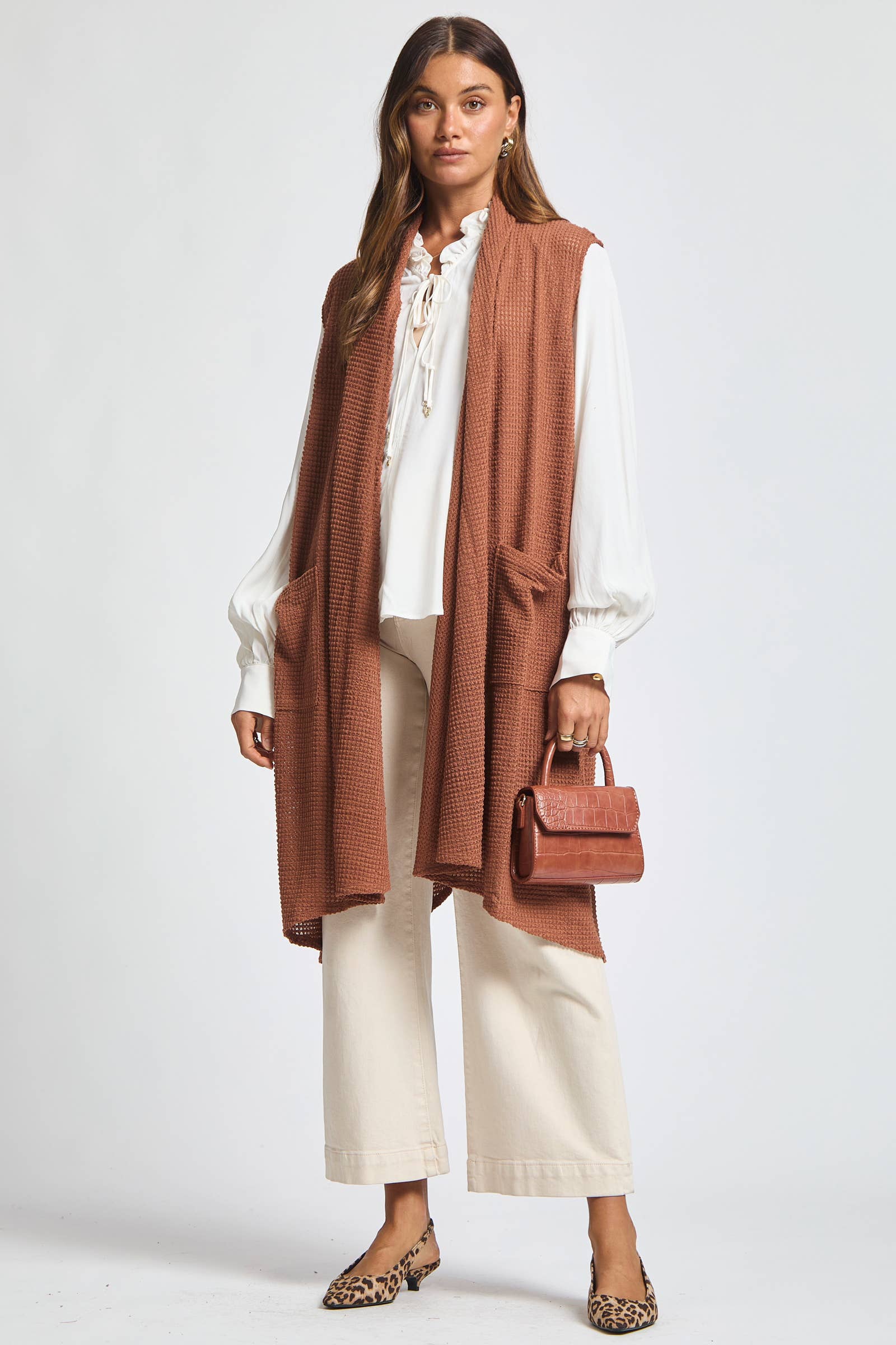 Dear Scarlett - Wholesale Outerwear Vest - Women's - Sleeveless Crochet Midi Vest Cardigan17