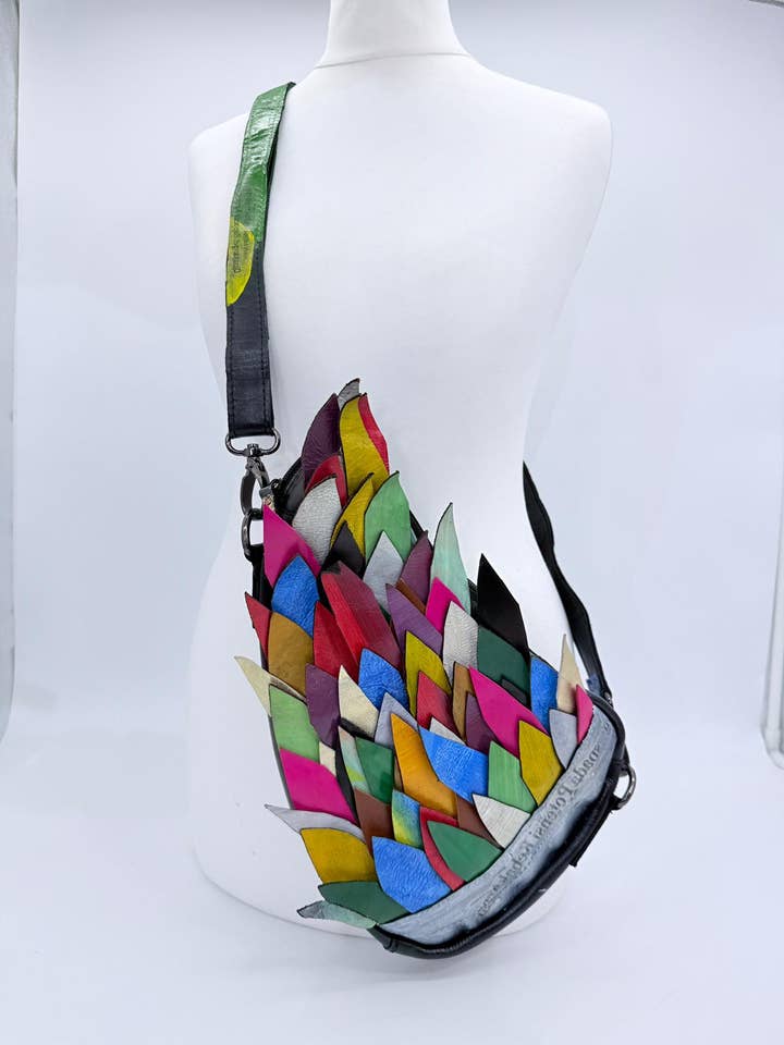 Handmade Recycled Leather Crossbody Bag – Unique Hummingbird Wing Design - Small for wholesale by Jianhui London