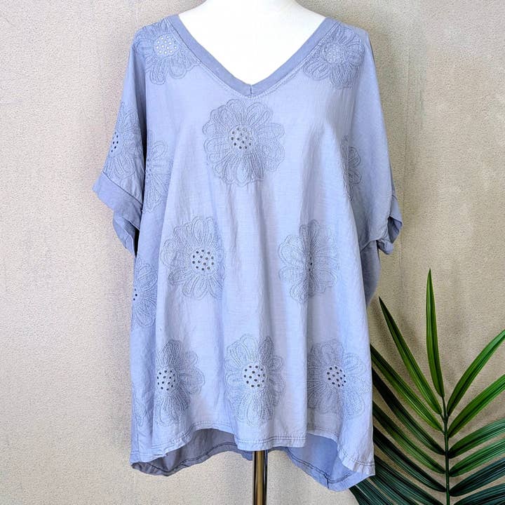 V-neck cotton top with flower embroidery fabric front (M) for wholesale by Tempest Designs