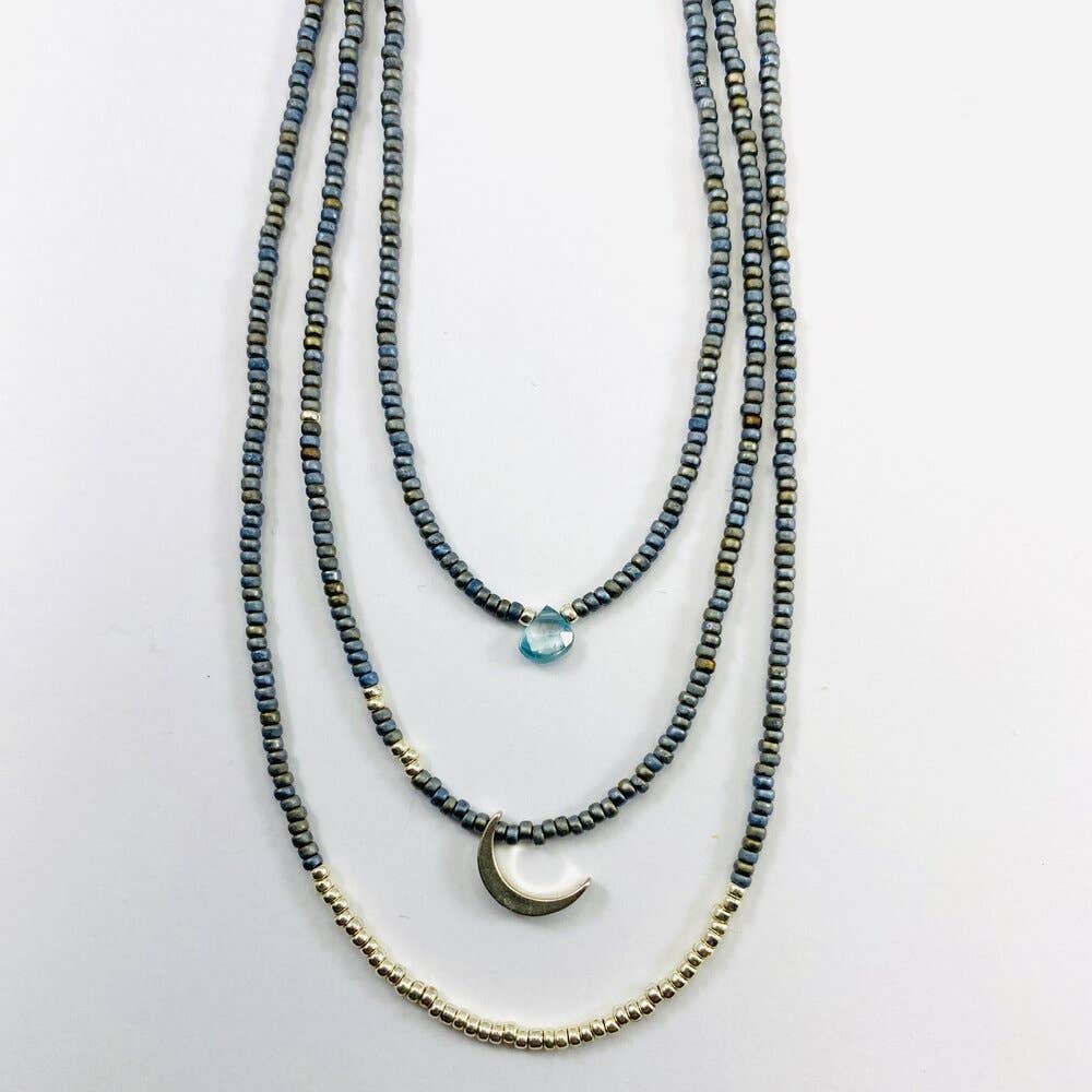 Sarah Crawford Handcrafted - Wholesale Jewelry Set - Grays Triple Beaded Necklace Set - Zircon & Silver Crescent1