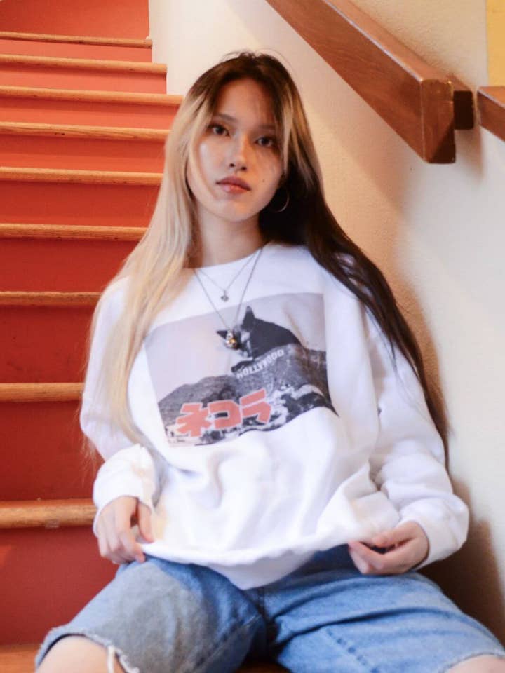 Popkiller Artist Series Kenji Mera Hollywood Meow Pullover Sweatshirt for wholesale by Popkiller
