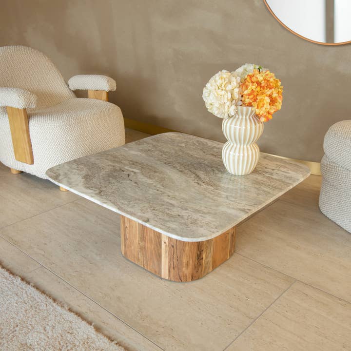 Now's Home - Wholesale Coffee Table - BERGEN GRAY MARBLE AND WOOD COFFEE TABLE 80X80X36CM2