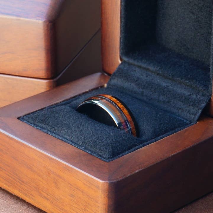 Redwood Rings - Wholesale Band/Stacked Ring - Black Tungsten Ring, Guitar String and Koa Wood Inlay - 8MM4