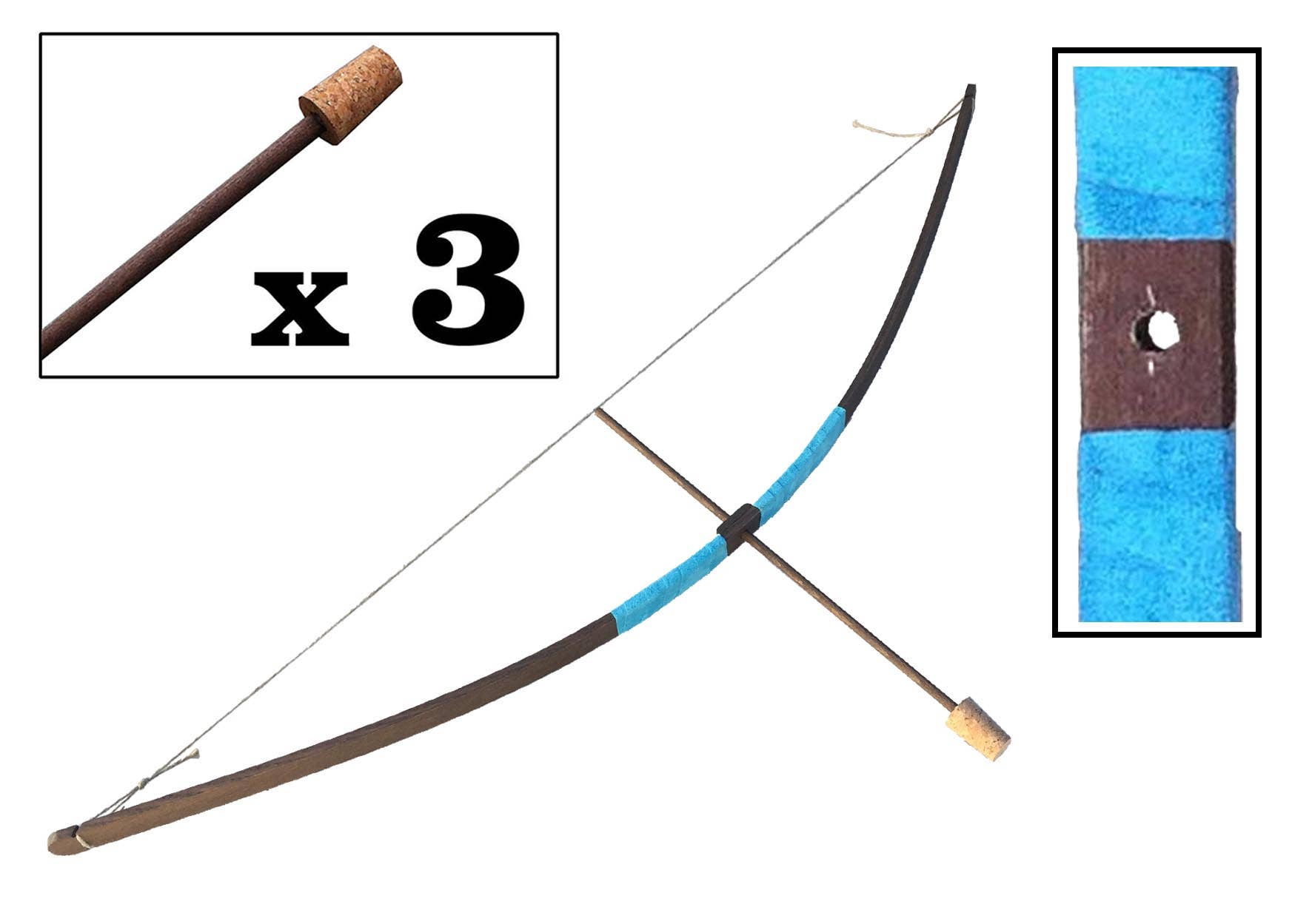 KALID MEDIEVAL – Großhandel Holzspielzeug – Kinder – Rustikaler Holzbogen mit Wildledergriff S und 3 Holzpfeilen mit Korkspitze - ST454F1