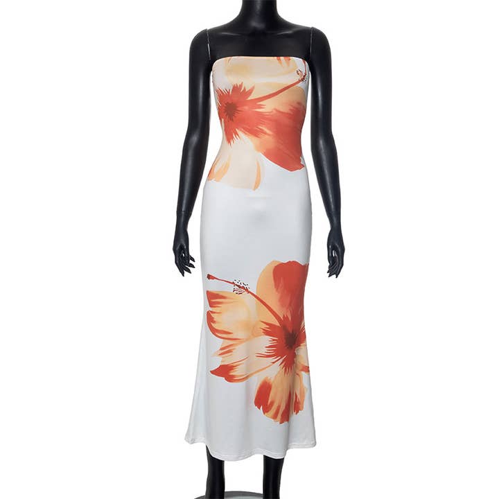 White Hawaii Hibiscus Floral Bandeau sleeveless tube dress for wholesale on Faire