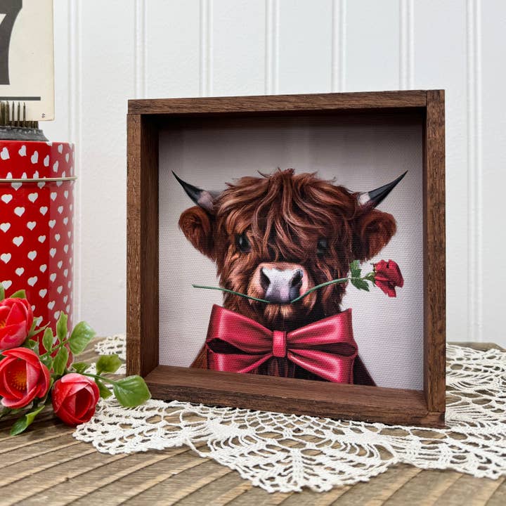 Hangout Home - Wholesale Sign - Valentines Cow Art Sign - Highland Bull with a Rose