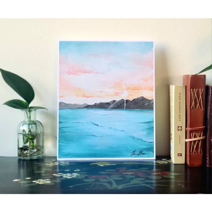 Impression d'art Lever de soleil rose d'une peinture acrylique de lac pour la vente par Lillykdesigns