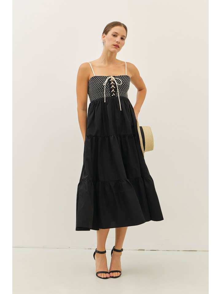 idem ditto - Wholesale Dress - Women's - SPECIAL CONTRAST SMOCKED TIERED MIDI DRESS