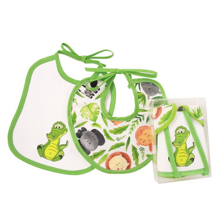 Almatex srl - Wholesale Slabbetje - Baby - MICHY-pakket: BaVetta MATTI cm.16x18 met veters+rond bedrukt canvas slabbetje met een diameter van 18 cm2