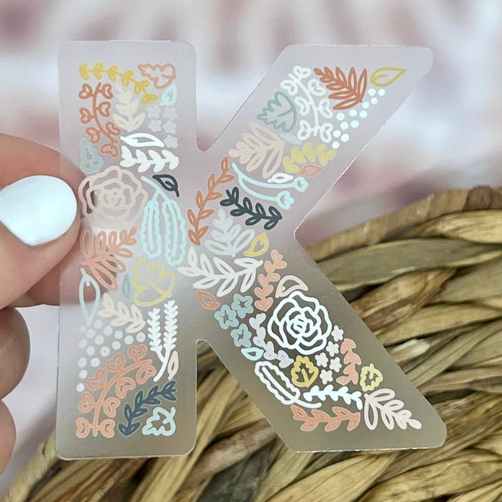 Floral K Sticker. Clear Matte Letter Sticker. Weatherproof Vinyl Sticker. for wholesale by Nolie Co
